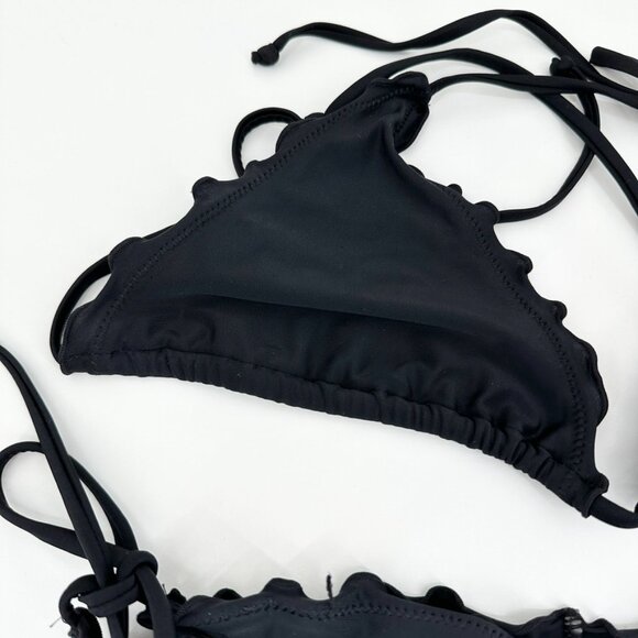 Relleciga Bikini Womens Small Black Ruffle Triangle Swim Suit Strappy Tie Solid - Picture 3 of 10